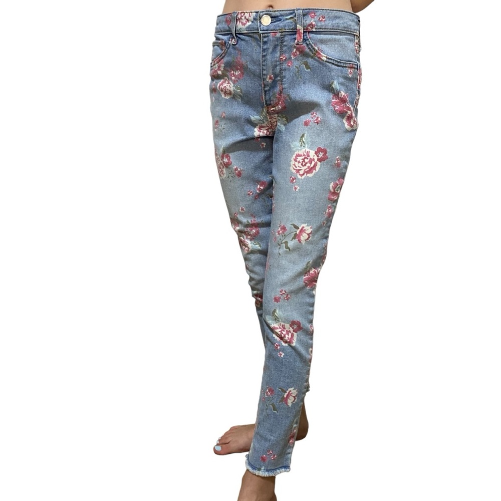 GAP Jeans Jeggings Blue Denim Floral Print Size 14 Adjustable Waist Tapered Leg